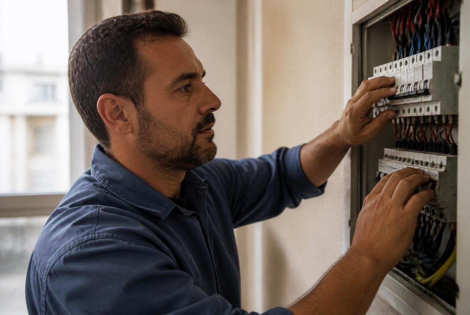Electricista trabajando en un tablero eléctrico domiciliario